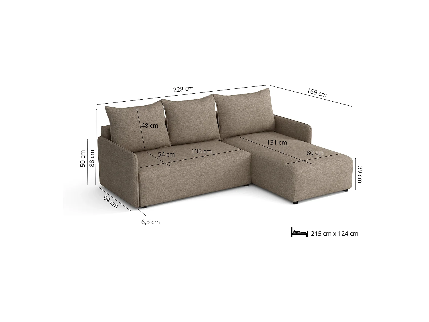 Canapé d’angle réversible convertible Carl avec coffre, marron clair, 228x169 cm
