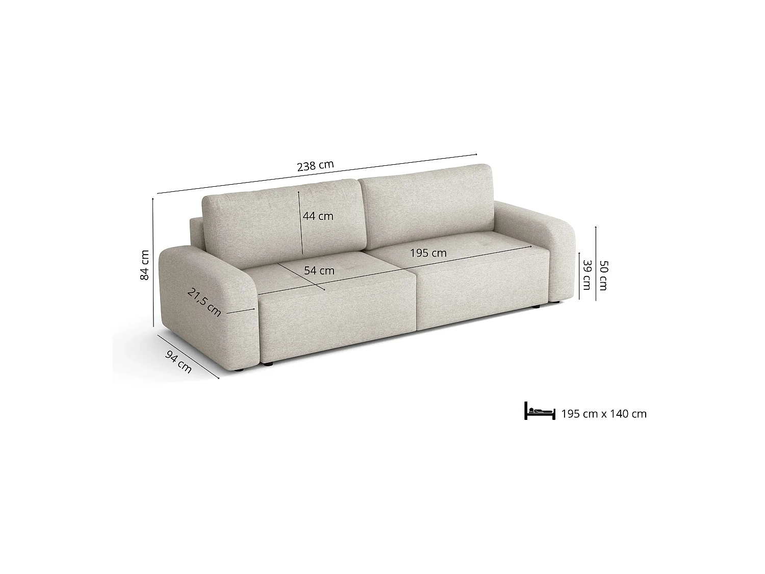 Canapé convertible Luna avec coffre, beige clair, 238x94 cm
