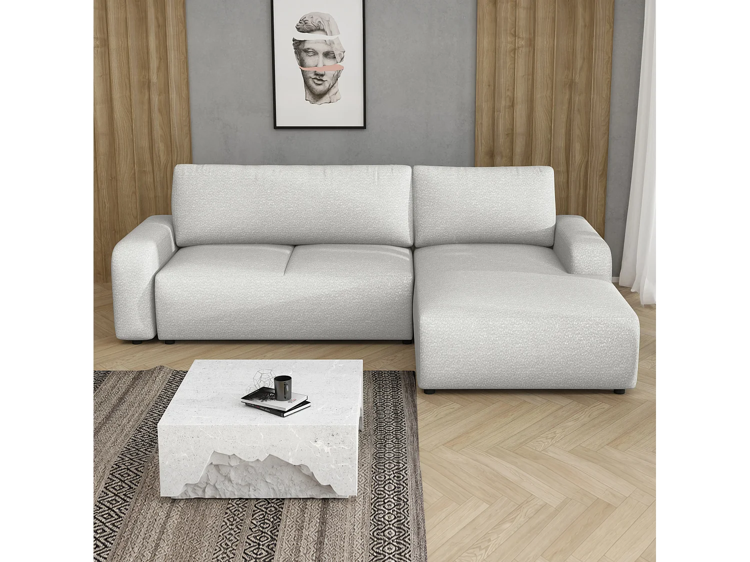 Canapé d’angle droit convertible Ovo avec coffre, blanc, 258x173 cm