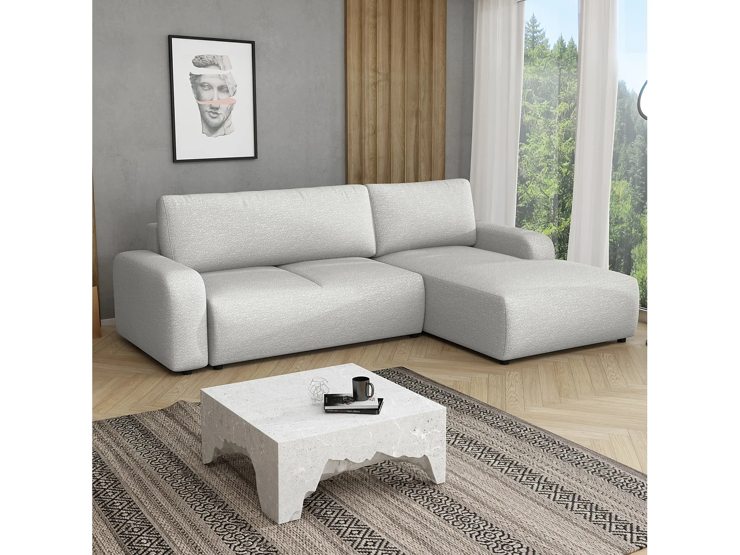 Canapé d’angle droit convertible Ovo avec coffre, blanc, 258x173 cm