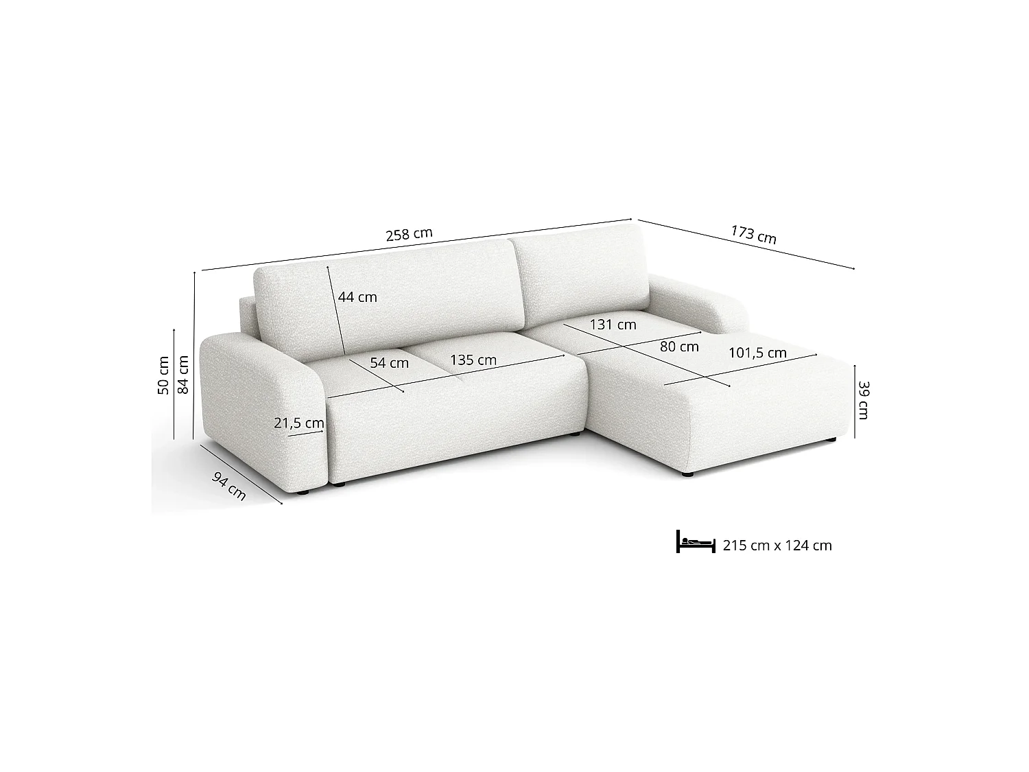 Canapé d’angle droit convertible Ovo avec coffre, blanc, 258x173 cm