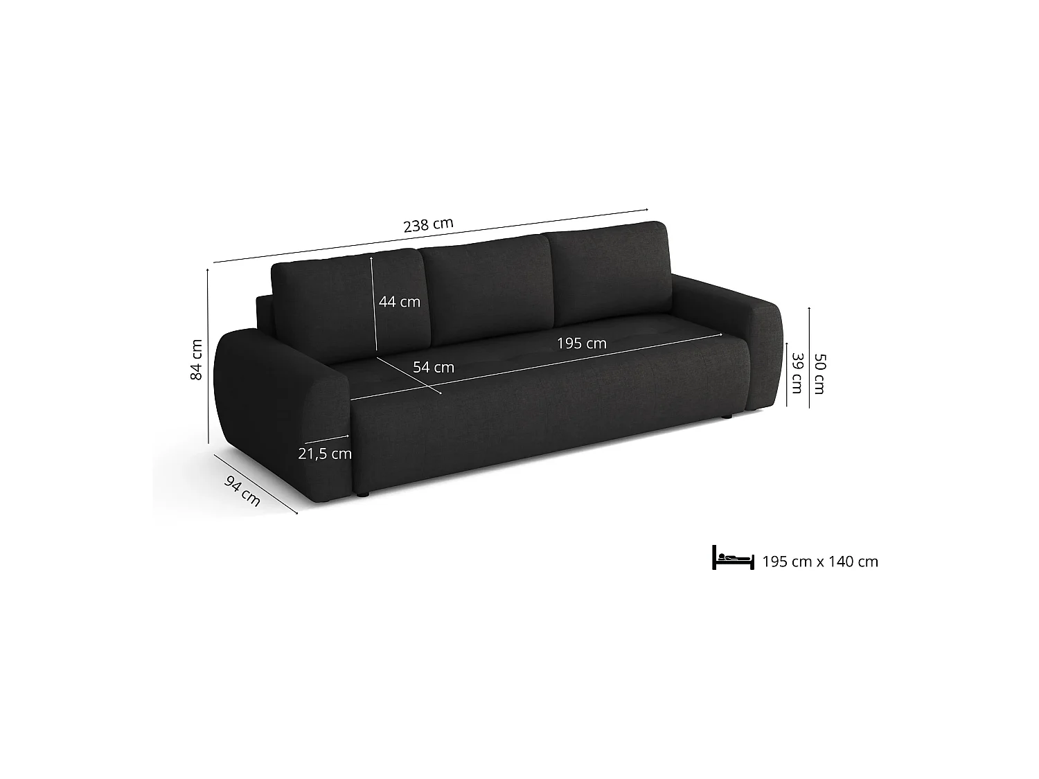 Canapé convertible World avec coffre, noir, 238x94 cm