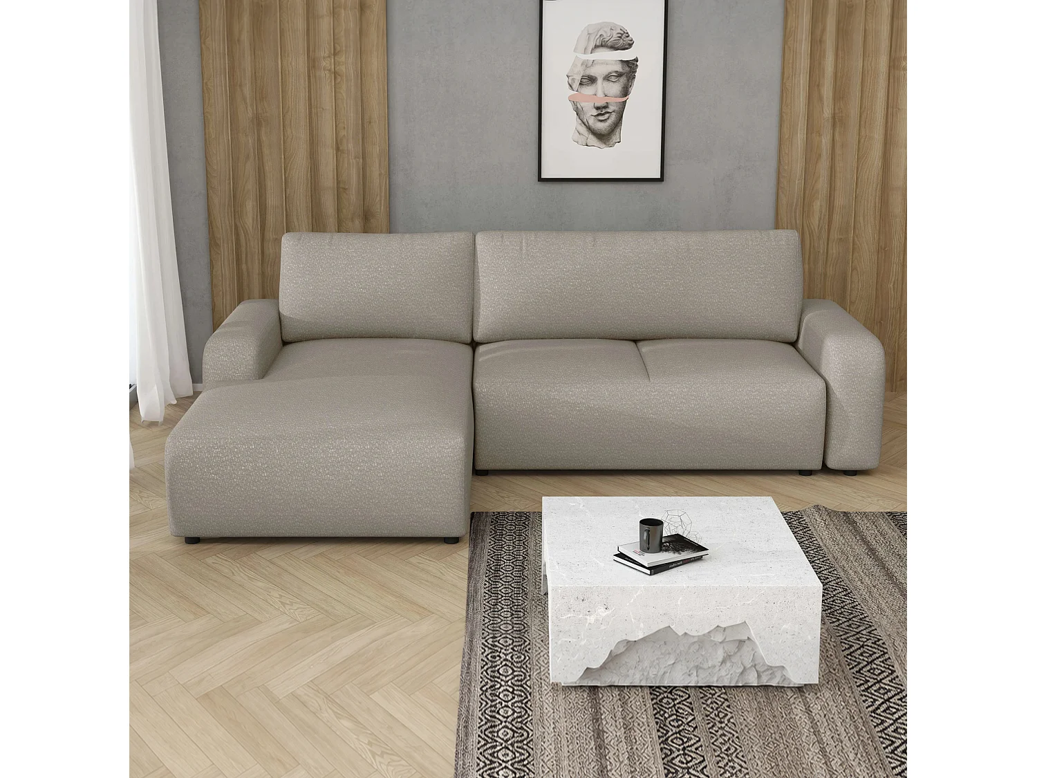 Hoekslaapbank Ovo met opbergruimte, beige links, 258x173 cm