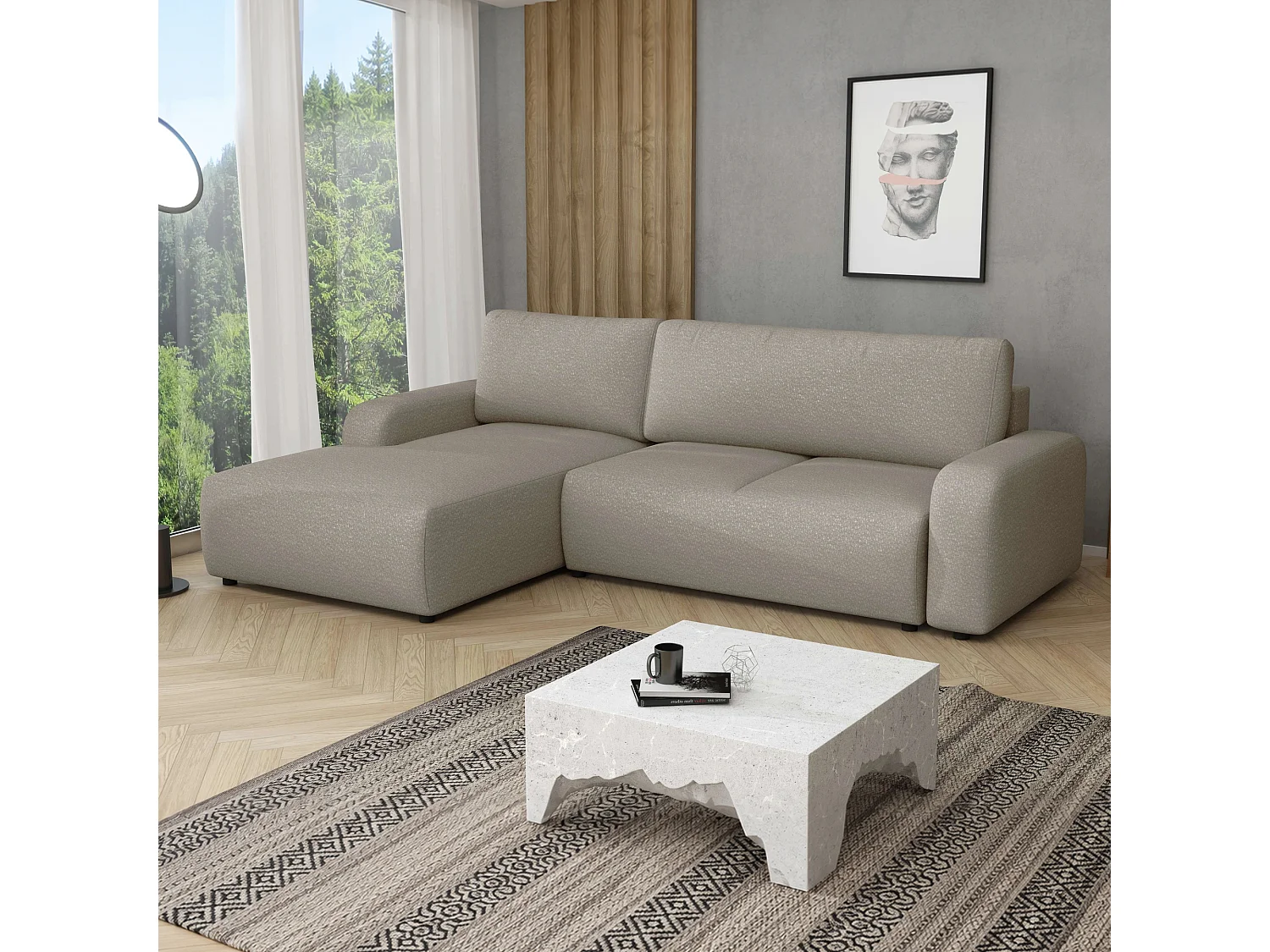 Hoekslaapbank Ovo met opbergruimte, beige links, 258x173 cm