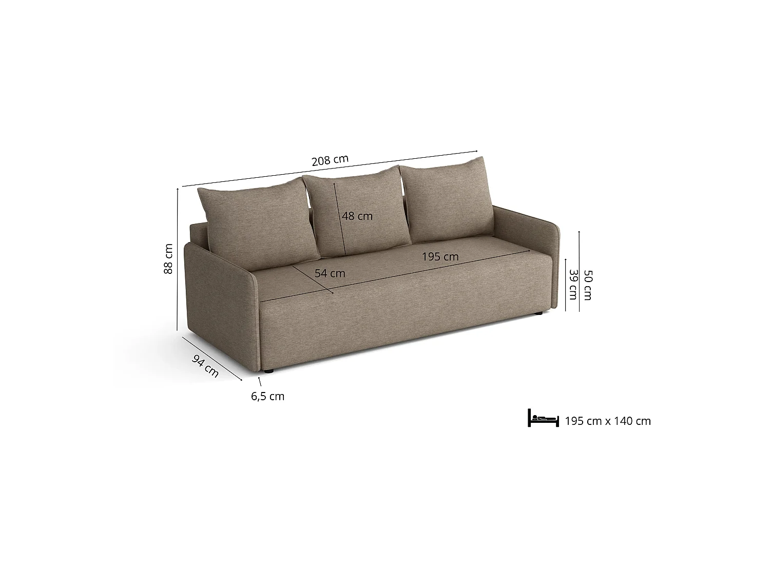 Canapé convertible Carl avec coffre, marron clair, 208x94 cm