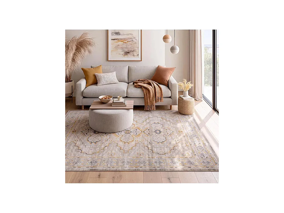 Laagpolig tapijt - oosterse vintage - beige / mosterd - 115x170 cm - BERTA