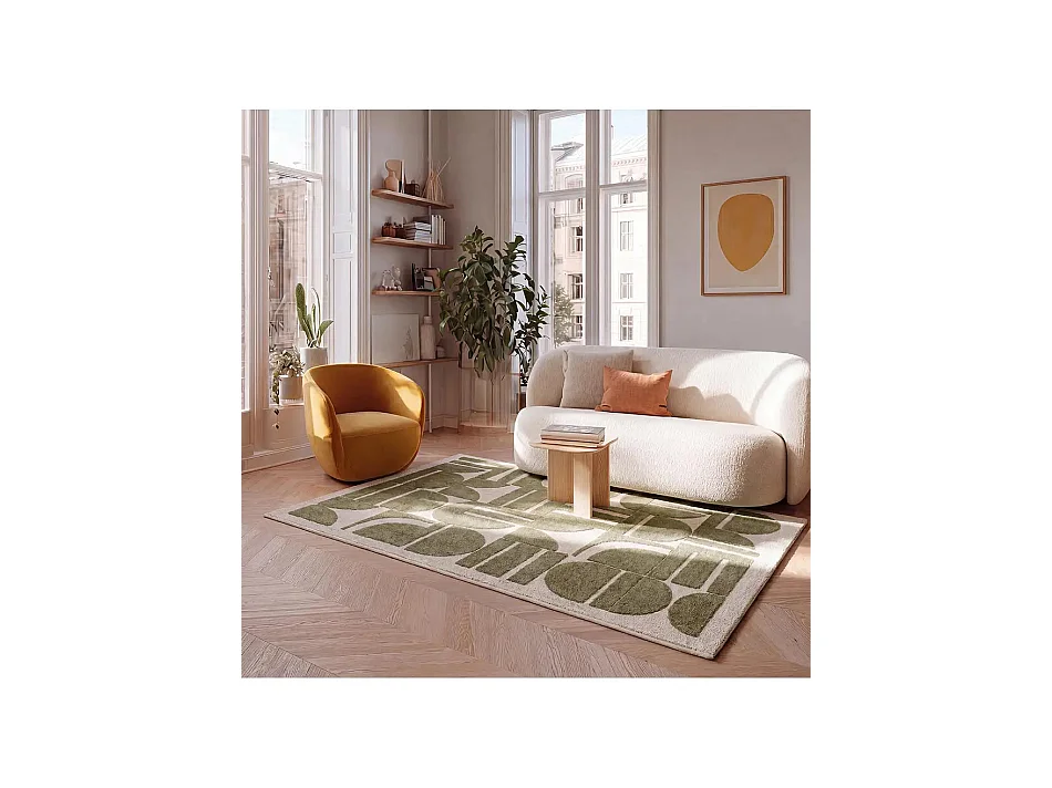 Kurzflorteppich - geometrisch mit Relief - grün / creme - 120 x 170 cm - CANDELA