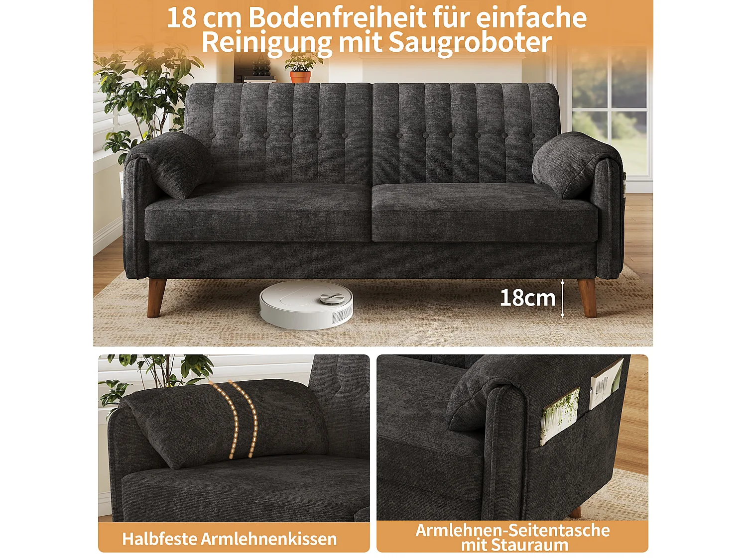 Canapé 2 places avec 2 poches latérales et pieds en bois massif - Chenille - 161,5 x 79 x 83,5 cm - Gris foncé