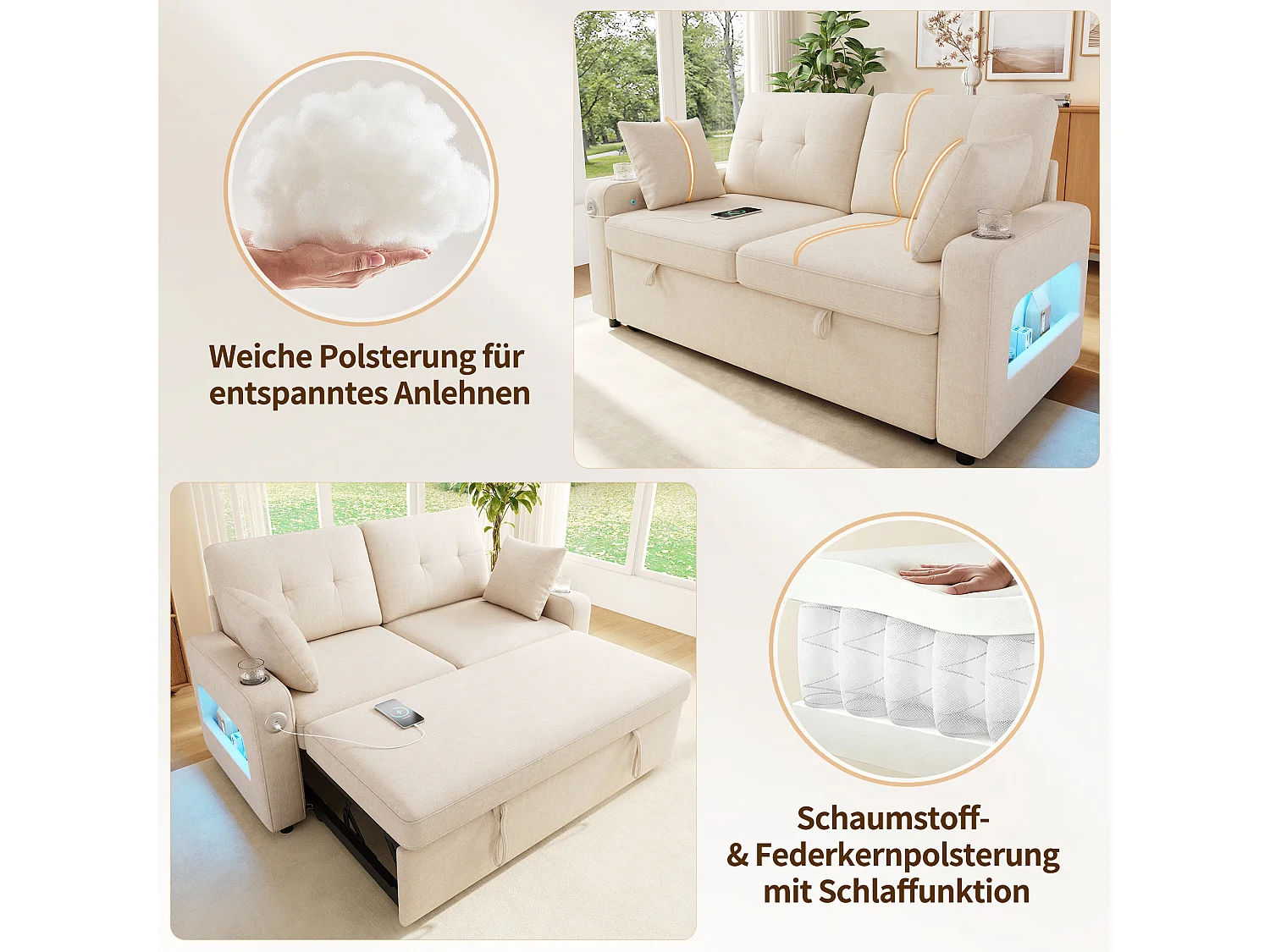 2-sitssoffa med LED-belysning, USB/Type-C-port, förvaringsfack och 2 mugghållare - Chenillemönster - 141,5 x 131 x 83,5 cm - Beige