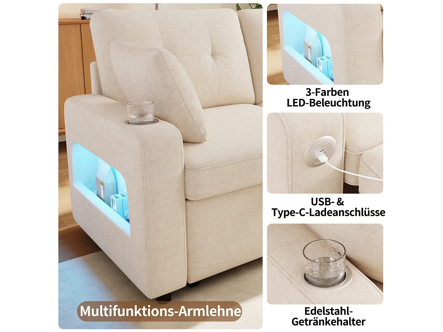 2-sitssoffa med LED-belysning, USB/Type-C-port, förvaringsfack och 2 mugghållare - Chenillemönster - 141,5 x 131 x 83,5 cm - Beige