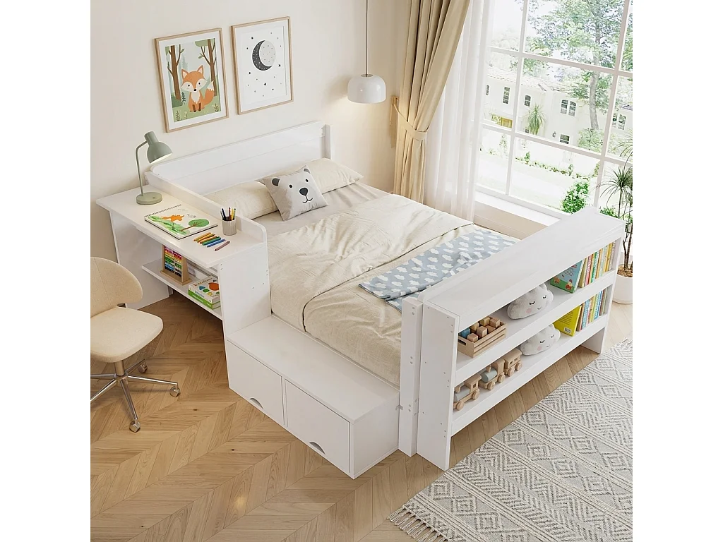 Letto 120 x 200 cm con scrivania, contenitore e modulo reversibile - Pino - Bianco (materasso non incluso)