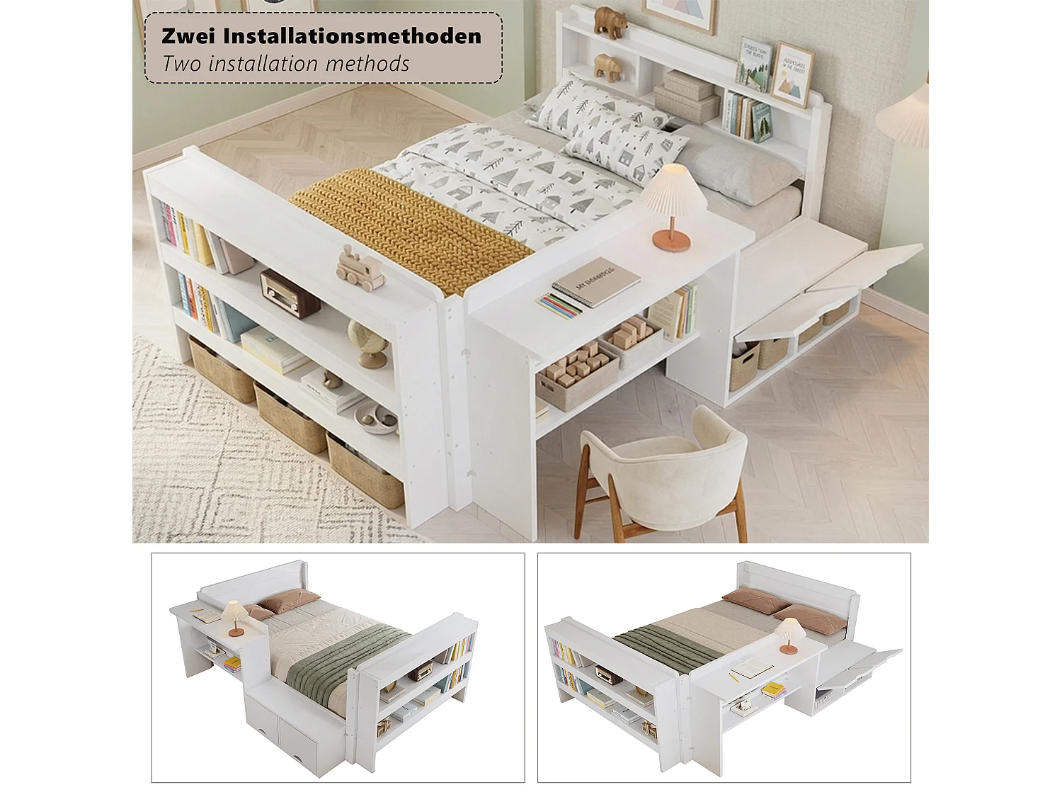 Letto 120 x 200 cm con scrivania, contenitore e modulo reversibile - Pino - Bianco (materasso non incluso)