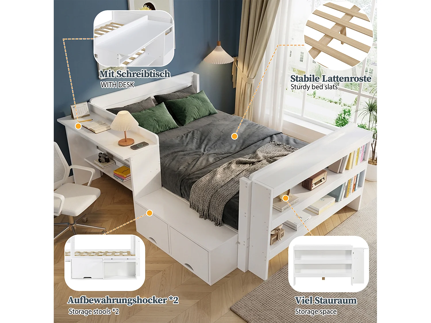 Letto 120 x 200 cm con scrivania, contenitore e modulo reversibile - Pino - Bianco (materasso non incluso)