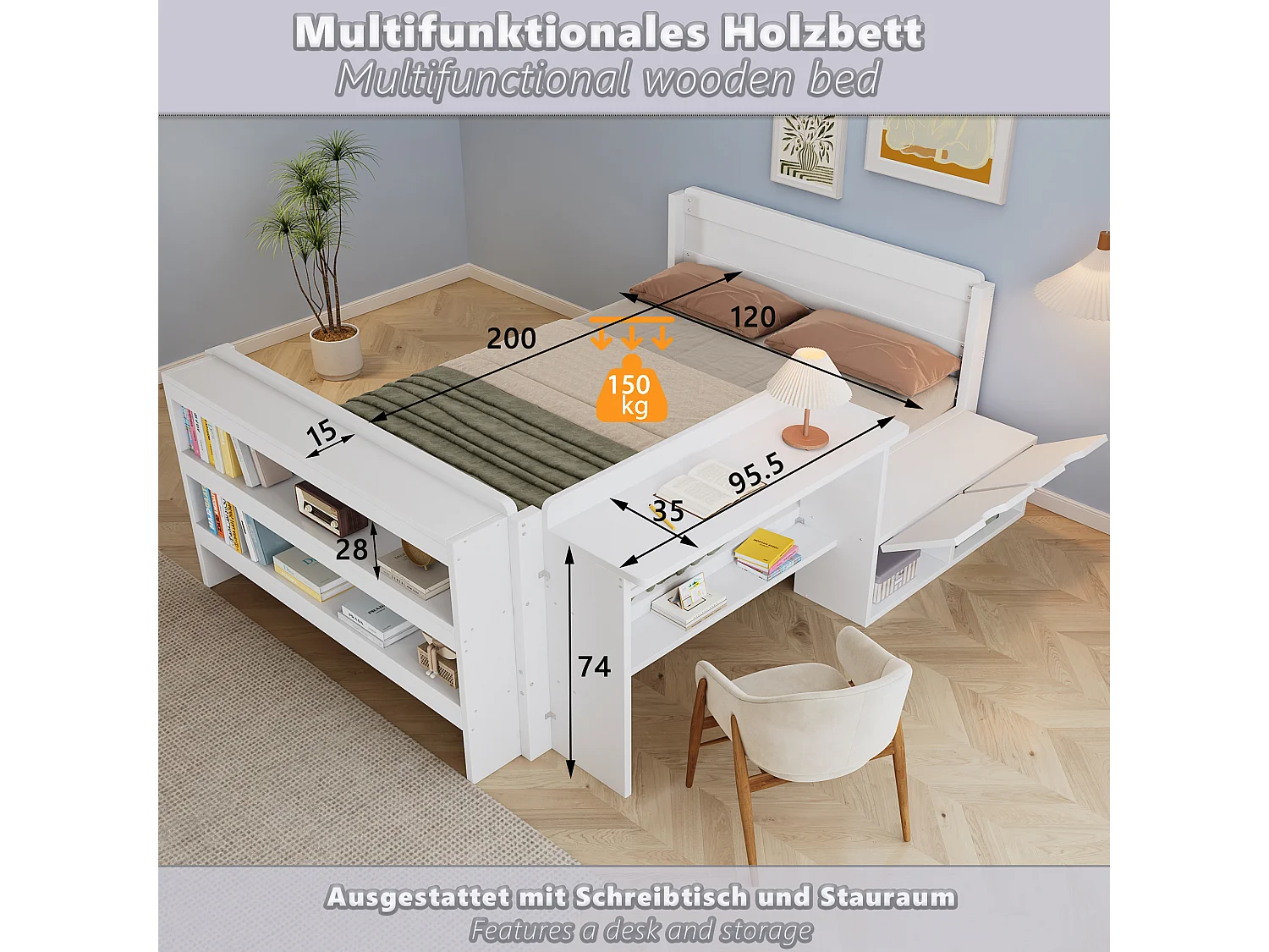 Letto 120 x 200 cm con scrivania, contenitore e modulo reversibile - Pino - Bianco (materasso non incluso)