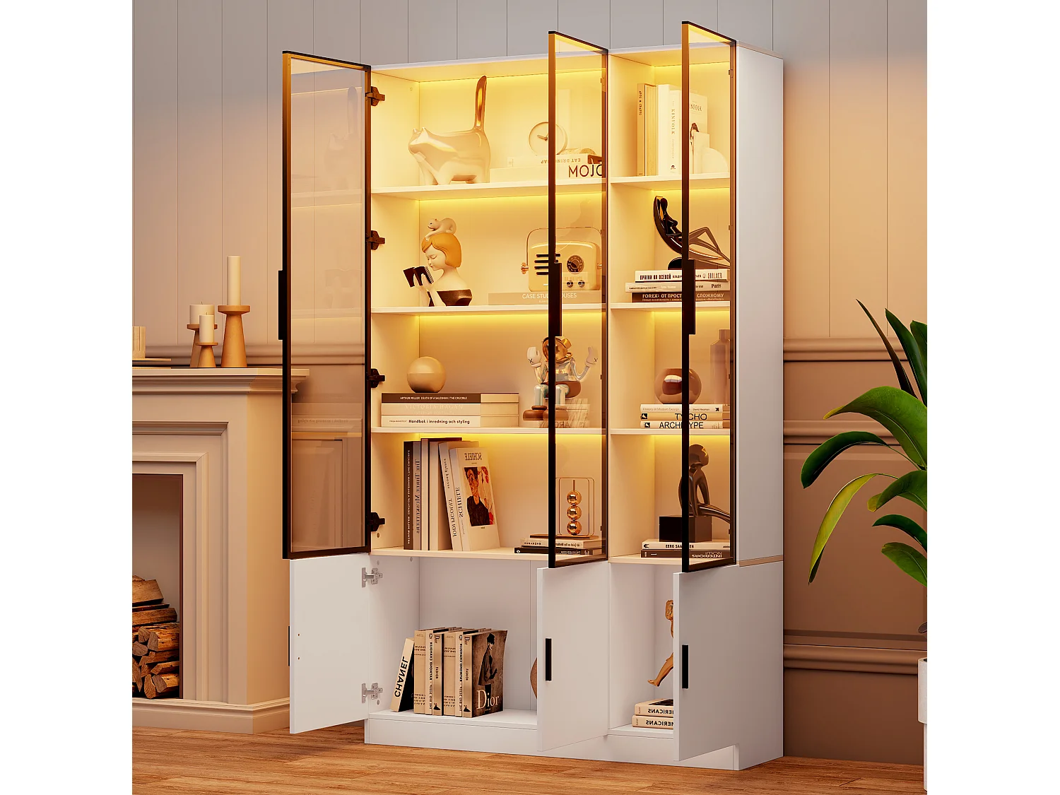 Vitrine avec 6 portes vitrées et éclairage LED - MDF et verre - 120 x 32 x 200 cm - Blanc