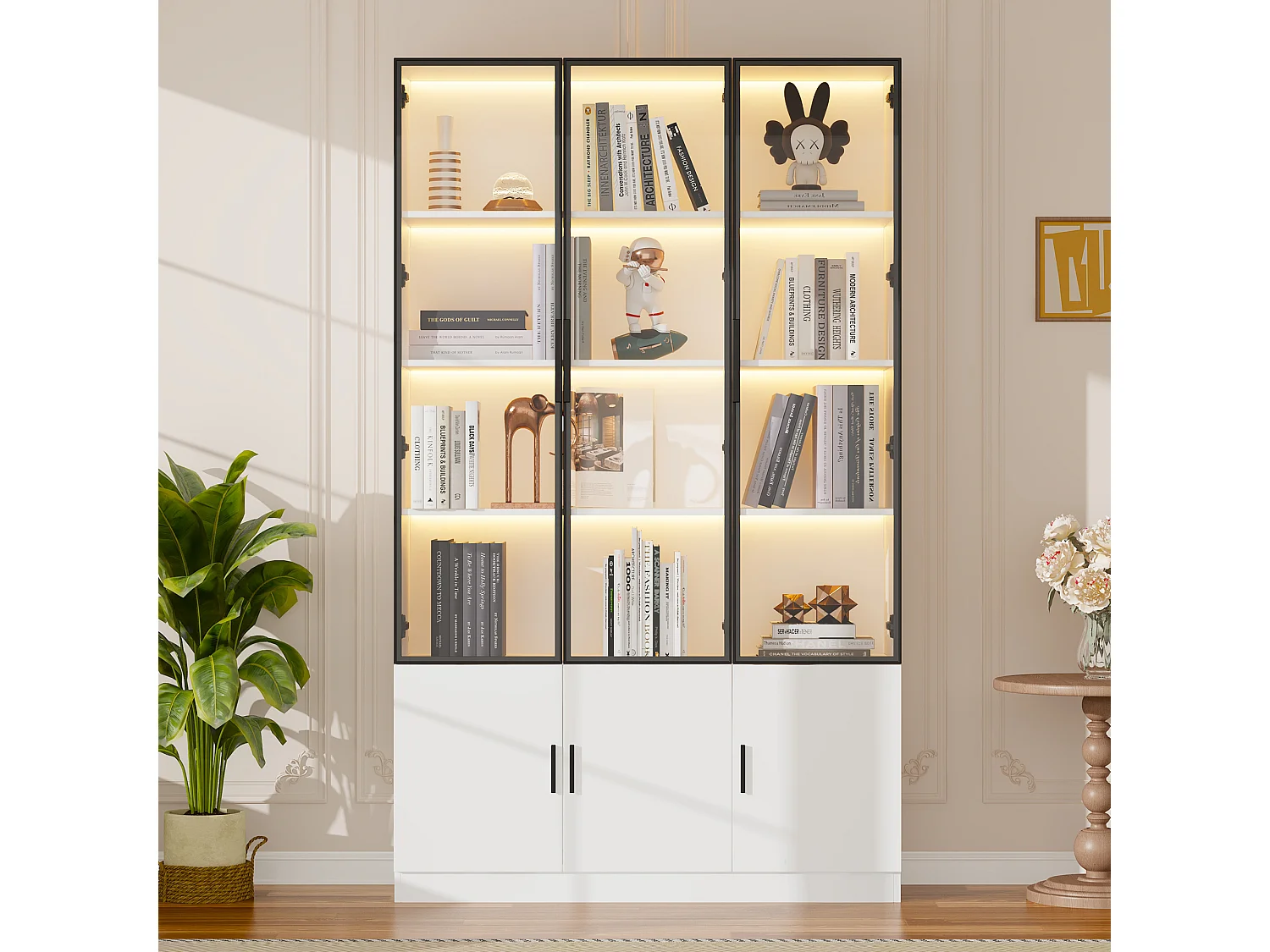 Vitrine avec 6 portes vitrées et éclairage LED - MDF et verre - 120 x 32 x 200 cm - Blanc