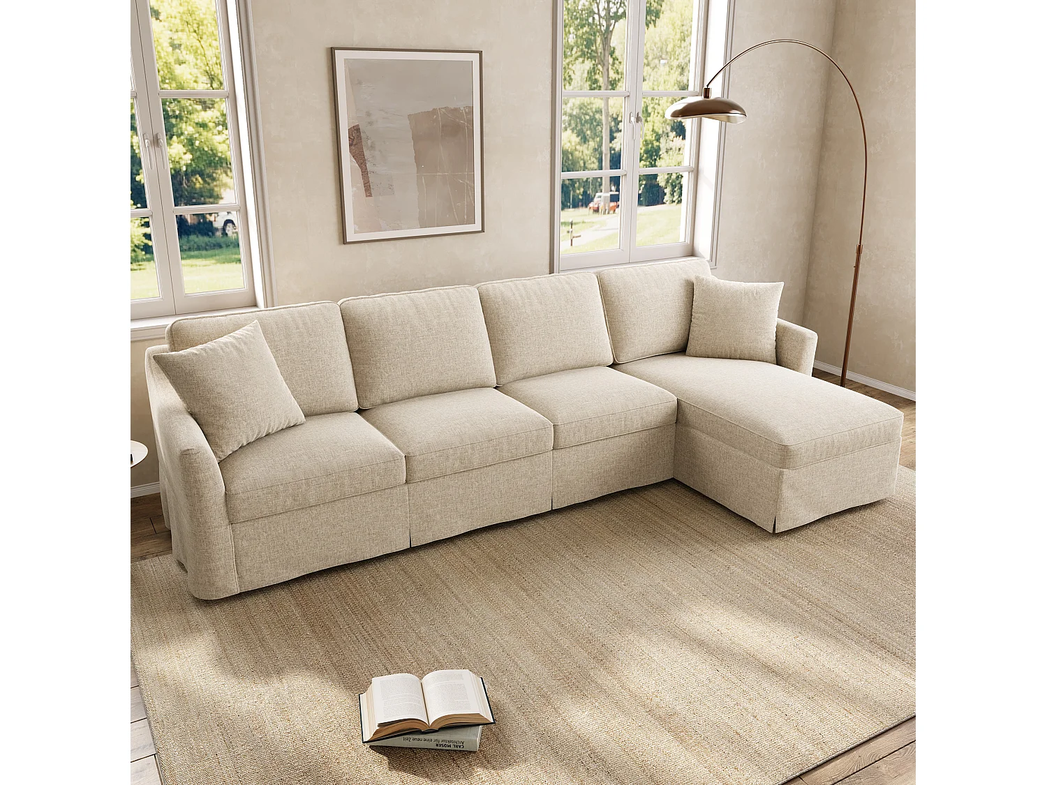 Divano angolare a 4 posti con contenitore e rivestimento lavabile - Tessuto misto cotone-lino - 274 x 128,5 x 83 cm - Beige