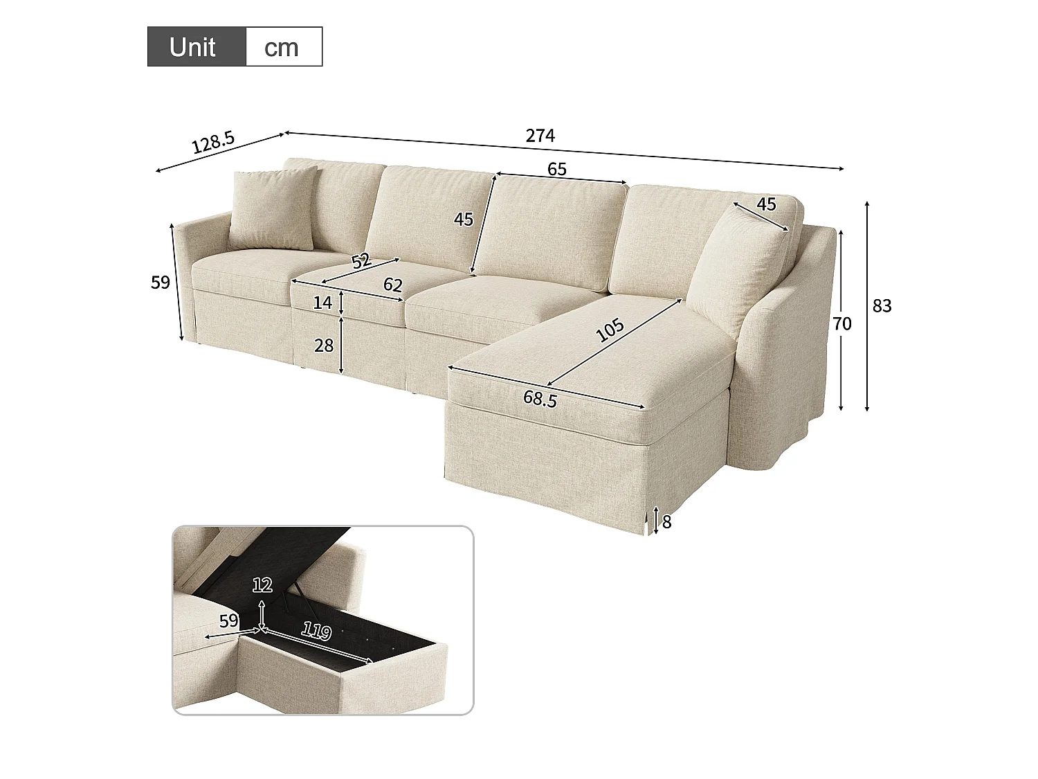 Divano angolare a 4 posti con contenitore e rivestimento lavabile - Tessuto misto cotone-lino - 274 x 128,5 x 83 cm - Beige