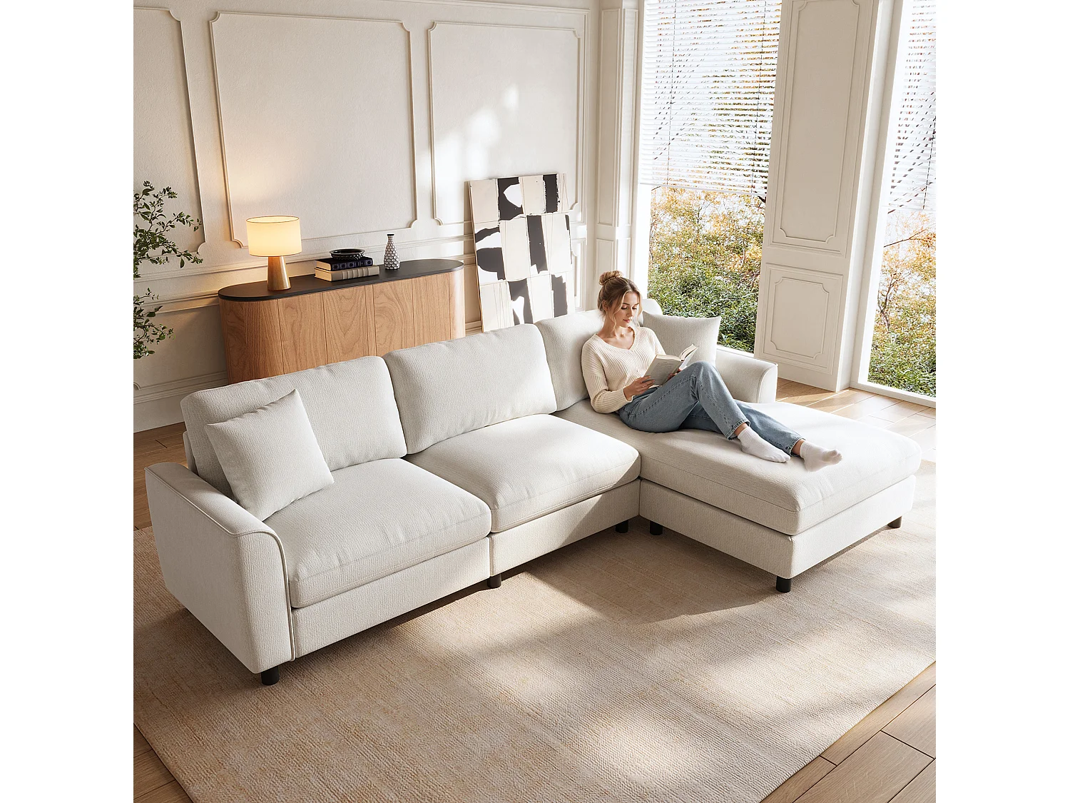 Narożnik rozkładany z szezlongiem i kieszeniami sprężynowymi - Chenille - 256 x 137 x 79 cm - Beżowy