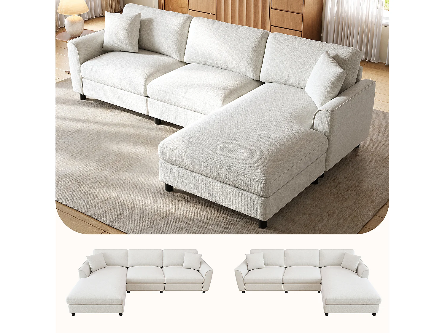 Narożnik rozkładany z szezlongiem i kieszeniami sprężynowymi - Chenille - 256 x 137 x 79 cm - Beżowy