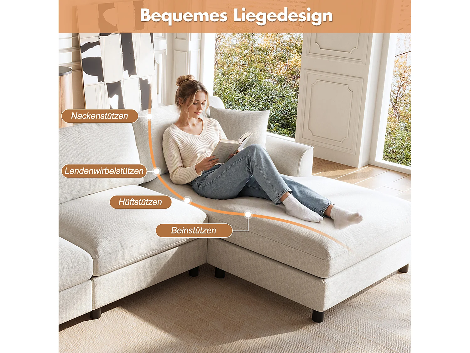 Narożnik rozkładany z szezlongiem i kieszeniami sprężynowymi - Chenille - 256 x 137 x 79 cm - Beżowy