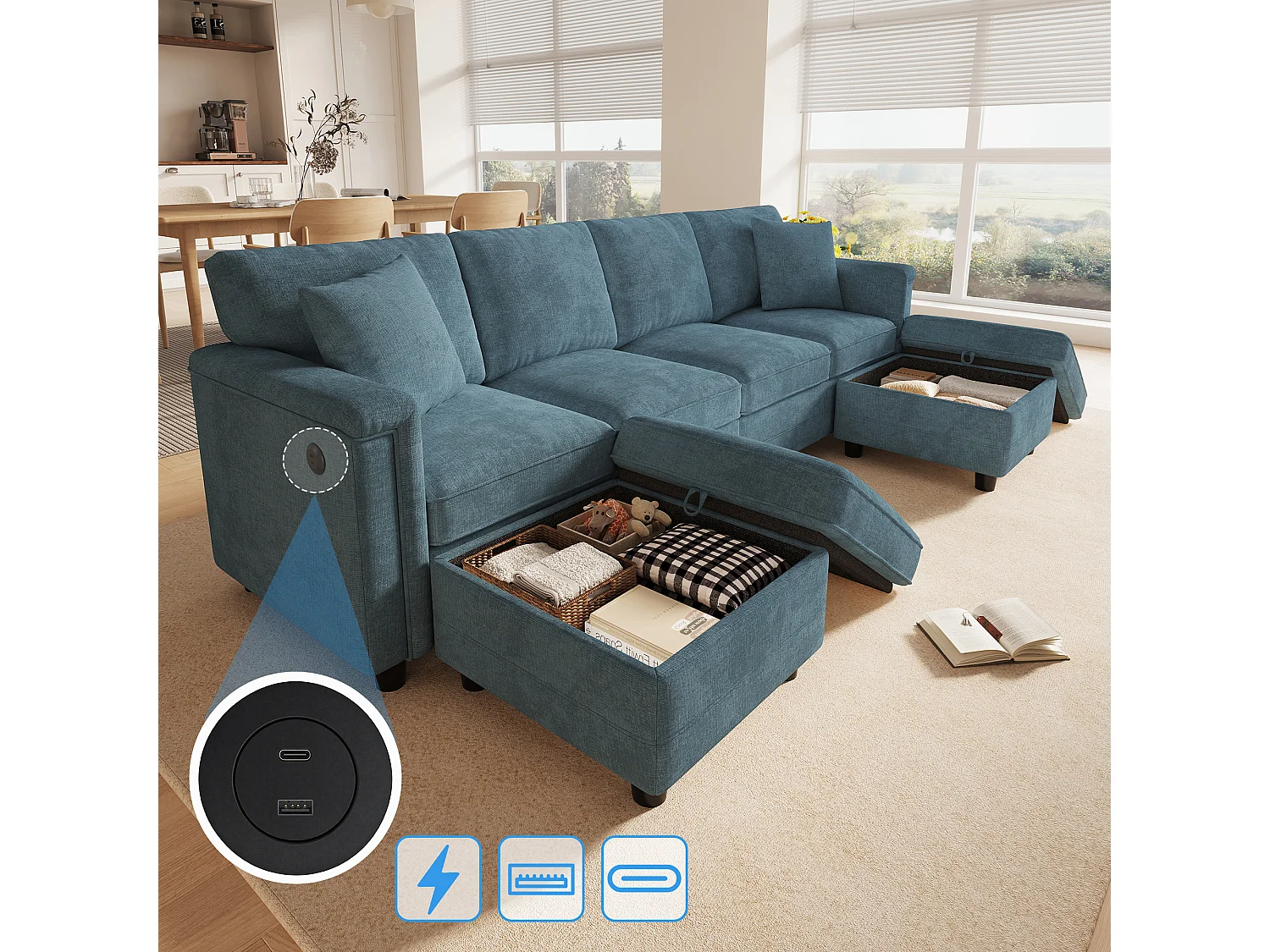 Canapé modulable 6 places en U ou L avec 2 poufs coffres et USB/Type-C - Chenille - 261 x 134 x 82 cm - Bleu