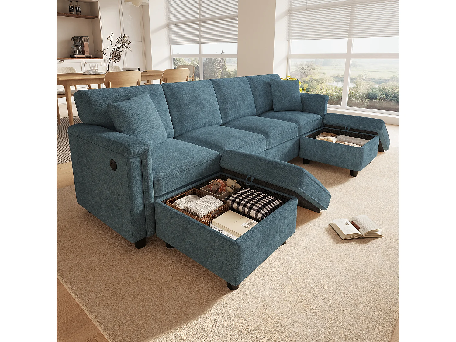 Canapé modulable 6 places en U ou L avec 2 poufs coffres et USB/Type-C - Chenille - 261 x 134 x 82 cm - Bleu