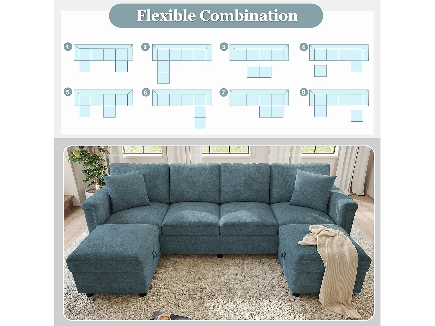 Canapé modulable 6 places en U ou L avec 2 poufs coffres et USB/Type-C - Chenille - 261 x 134 x 82 cm - Bleu