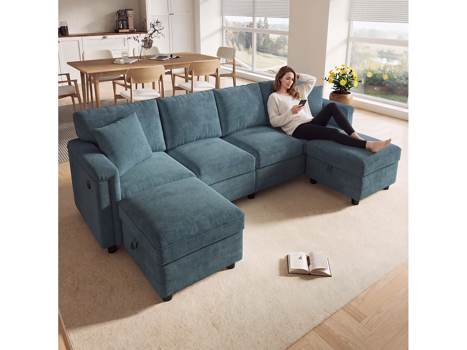 Canapé modulable 6 places en U ou L avec 2 poufs coffres et USB/Type-C - Chenille - 261 x 134 x 82 cm - Bleu
