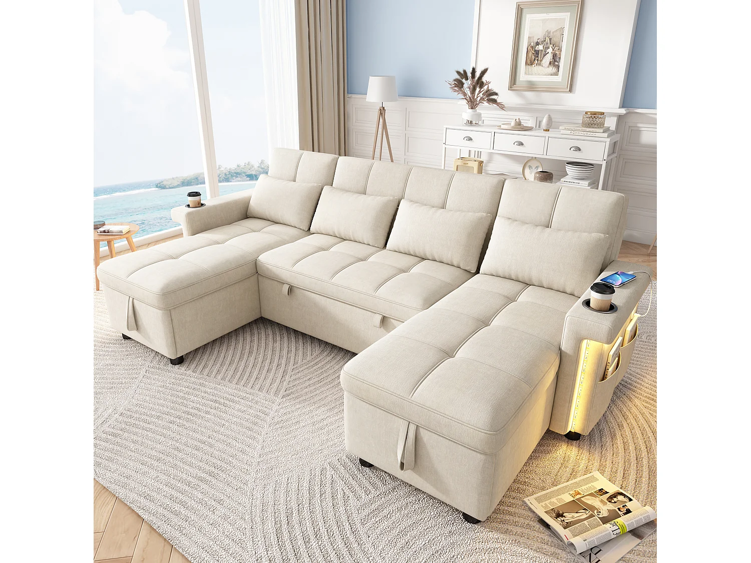 4-sits konvertibel U-formad soffa med 2 förvaringsfack, LED-belysning och USB/Type-C-port - Chenille - 268,5 x 141,5 x 90 cm - Beige