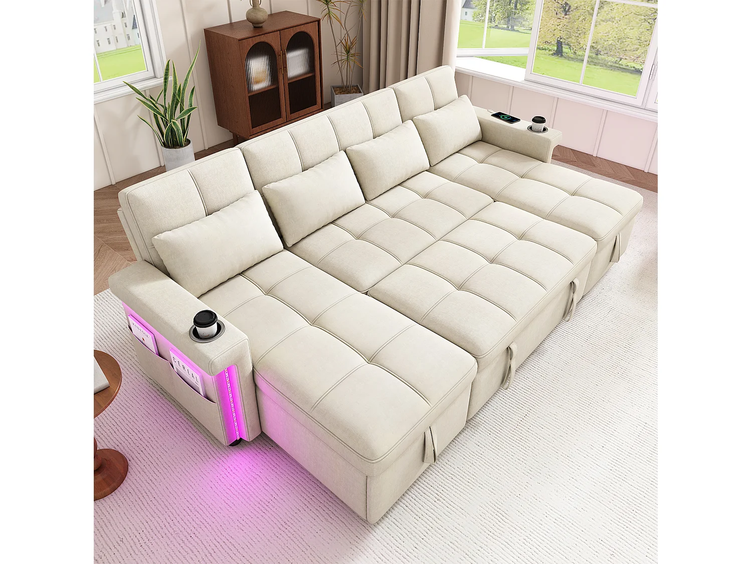 4-sits konvertibel U-formad soffa med 2 förvaringsfack, LED-belysning och USB/Type-C-port - Chenille - 268,5 x 141,5 x 90 cm - Beige