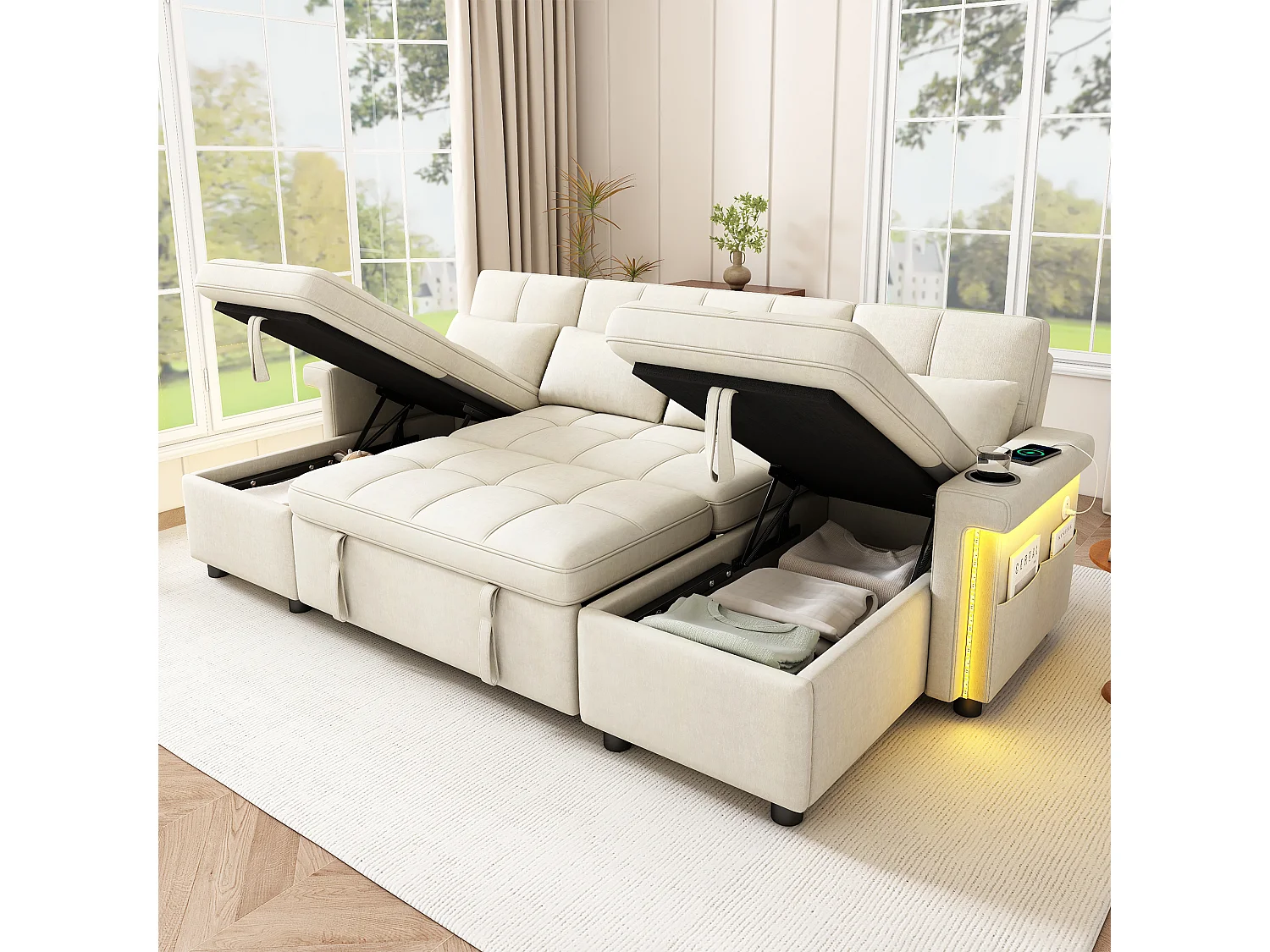 4-sits konvertibel U-formad soffa med 2 förvaringsfack, LED-belysning och USB/Type-C-port - Chenille - 268,5 x 141,5 x 90 cm - Beige