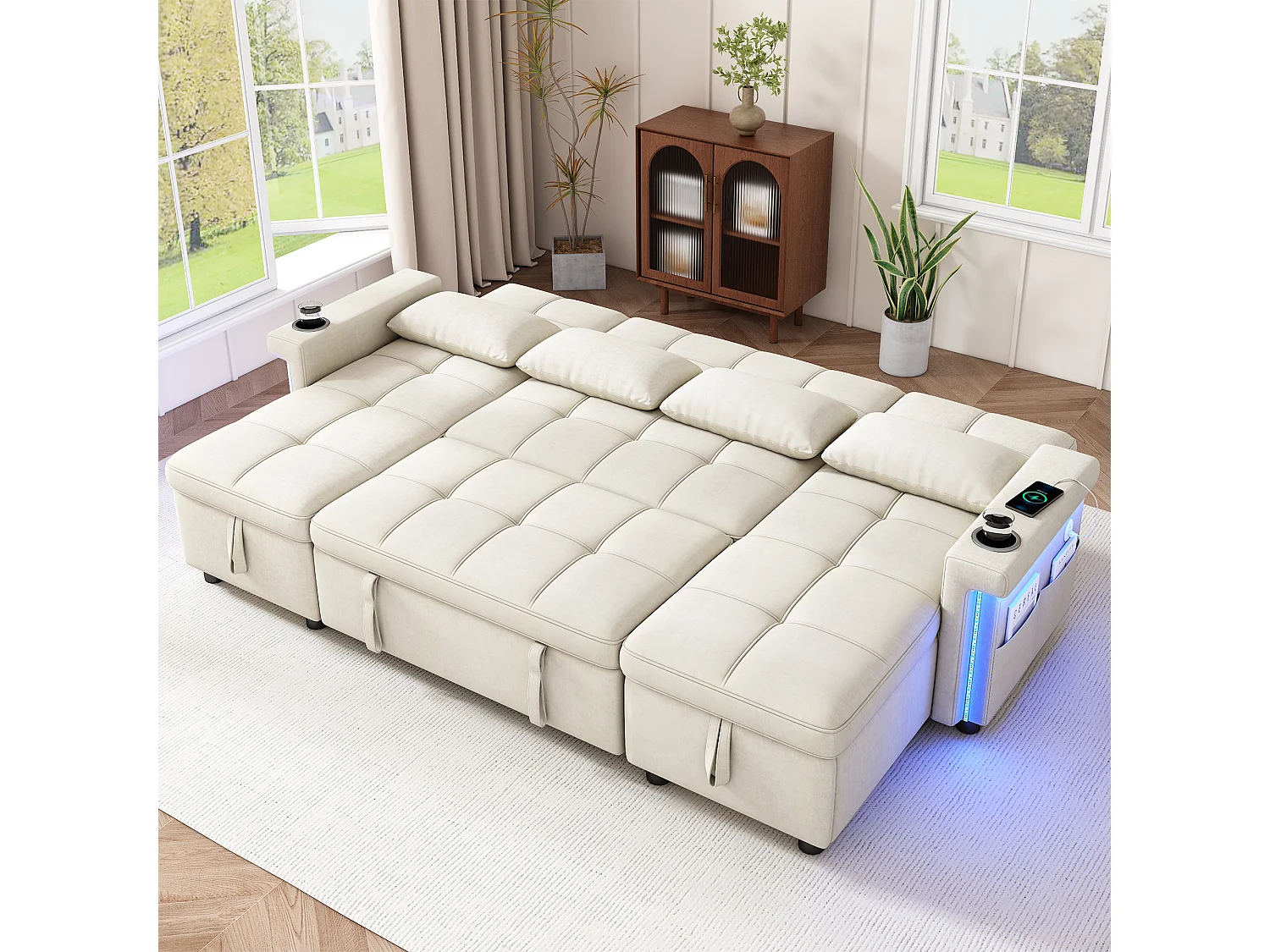 4-sits konvertibel U-formad soffa med 2 förvaringsfack, LED-belysning och USB/Type-C-port - Chenille - 268,5 x 141,5 x 90 cm - Beige