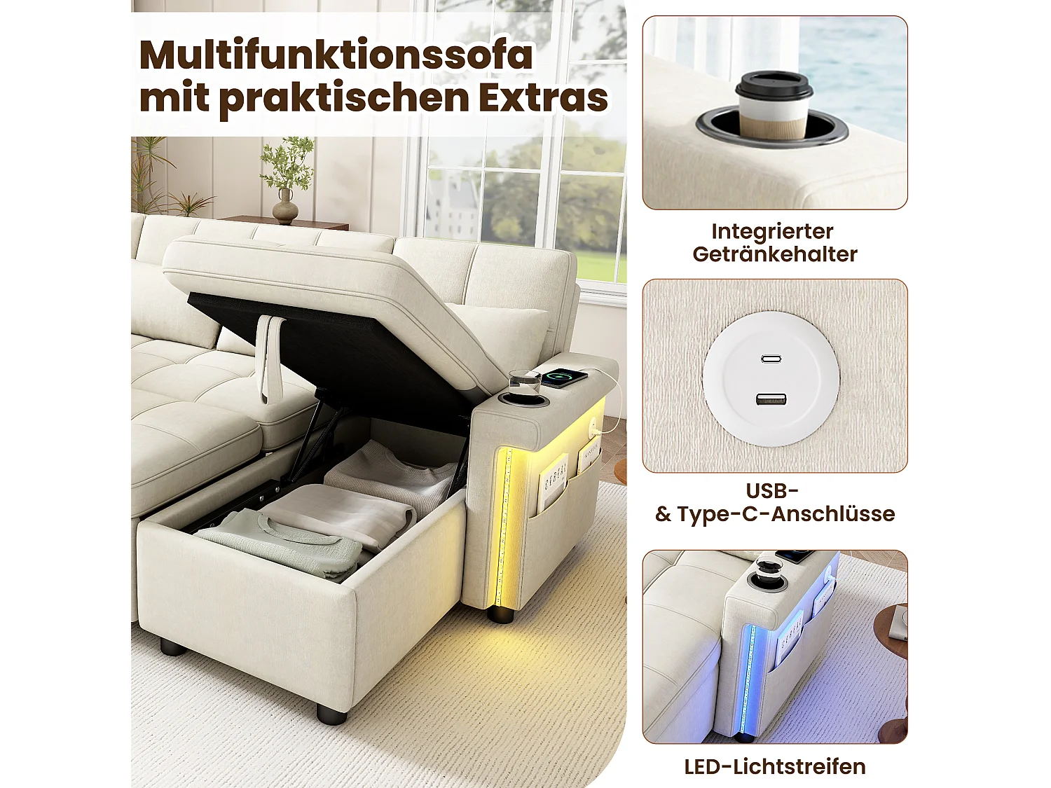 4-sits konvertibel U-formad soffa med 2 förvaringsfack, LED-belysning och USB/Type-C-port - Chenille - 268,5 x 141,5 x 90 cm - Beige