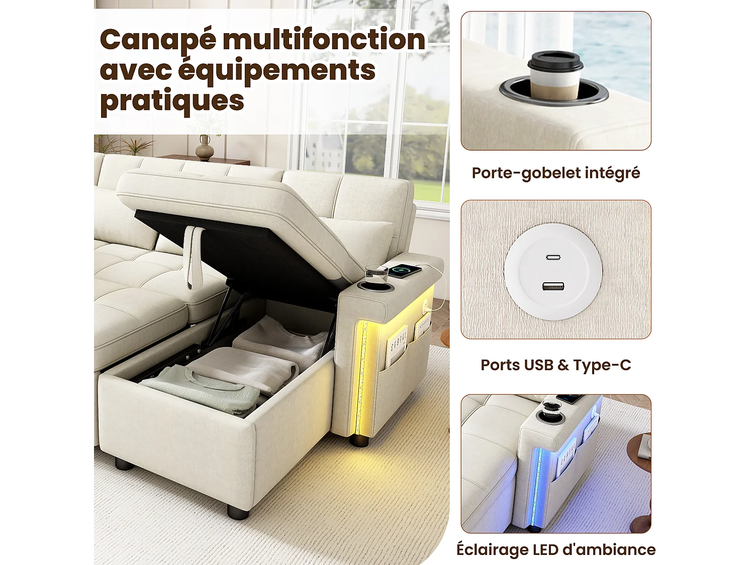 4-sits konvertibel U-formad soffa med 2 förvaringsfack, LED-belysning och USB/Type-C-port - Chenille - 268,5 x 141,5 x 90 cm - Beige