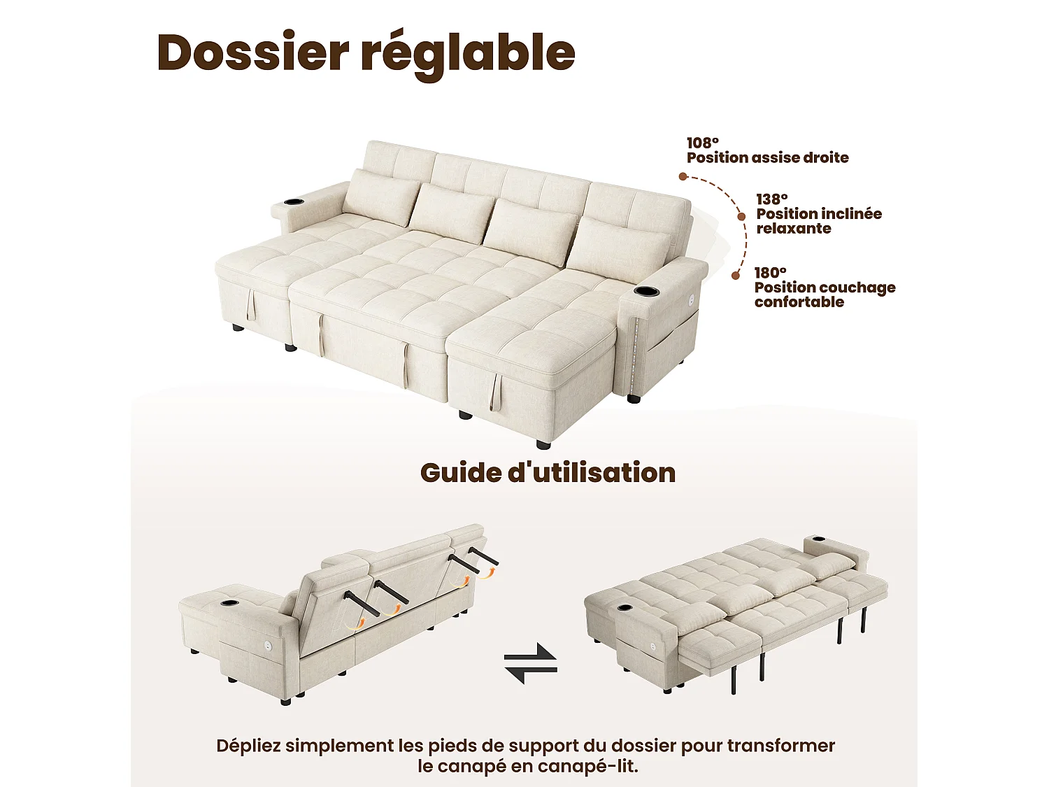 4-sits konvertibel U-formad soffa med 2 förvaringsfack, LED-belysning och USB/Type-C-port - Chenille - 268,5 x 141,5 x 90 cm - Beige