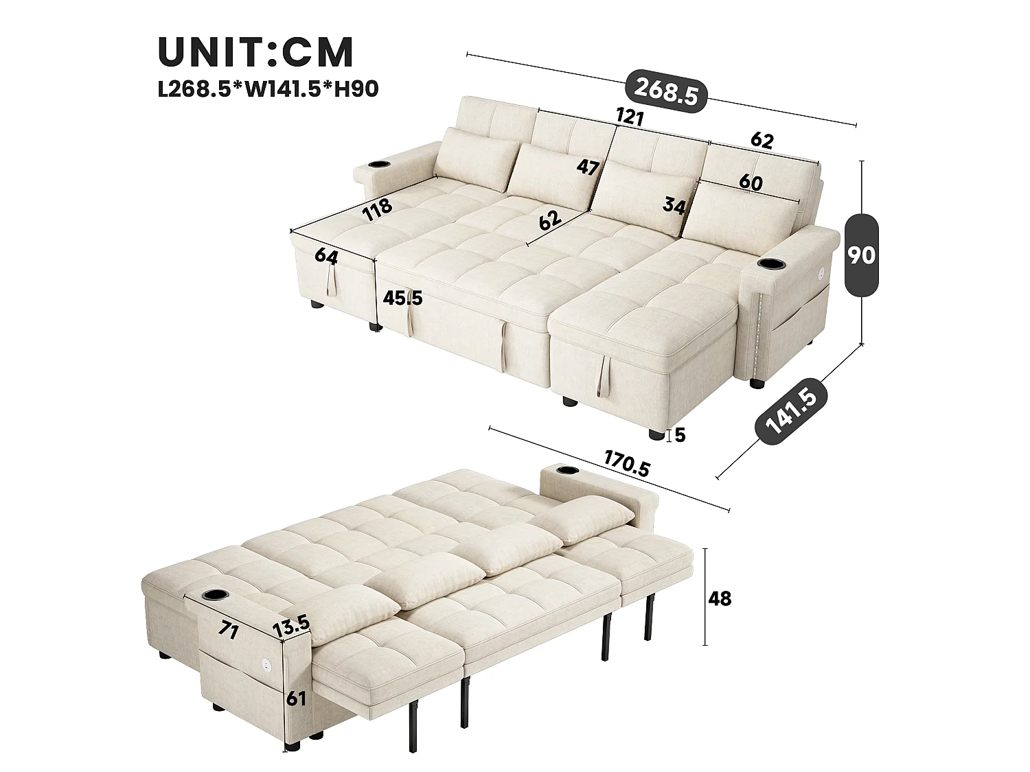 4-sits konvertibel U-formad soffa med 2 förvaringsfack, LED-belysning och USB/Type-C-port - Chenille - 268,5 x 141,5 x 90 cm - Beige