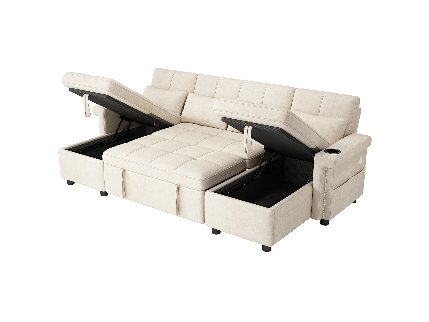 4-sits konvertibel U-formad soffa med 2 förvaringsfack, LED-belysning och USB/Type-C-port - Chenille - 268,5 x 141,5 x 90 cm - Beige