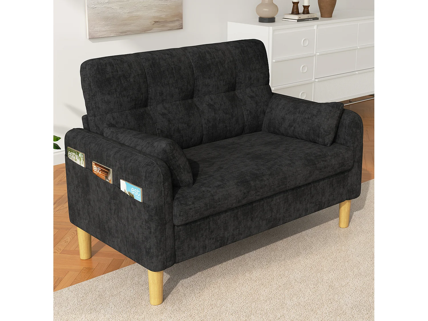 Canapé compact 2 places avec poche de rangement et 2 coussins - Chenille - 119 x 78 x 85 cm - Gris foncé