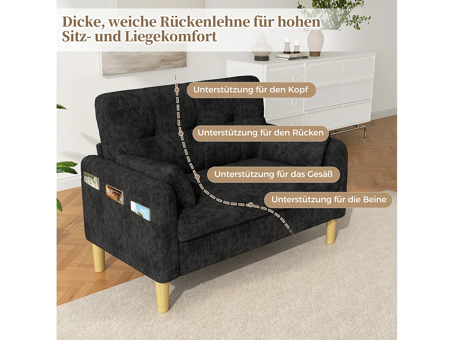 Canapé compact 2 places avec poche de rangement et 2 coussins - Chenille - 119 x 78 x 85 cm - Gris foncé