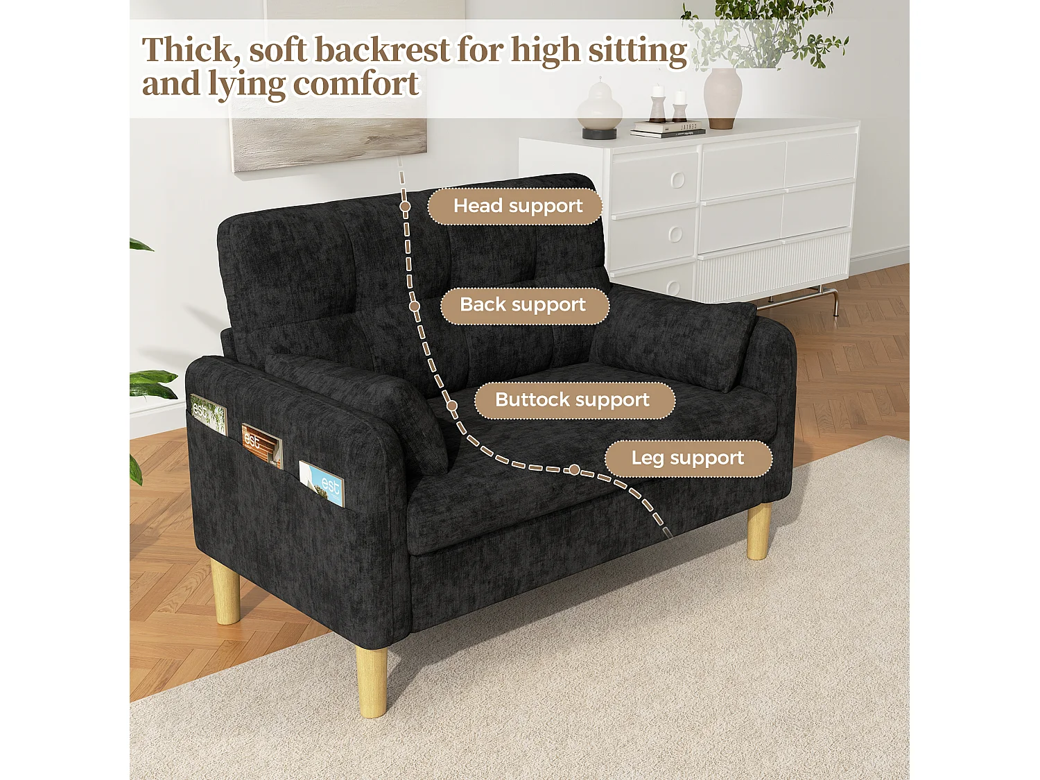 Canapé compact 2 places avec poche de rangement et 2 coussins - Chenille - 119 x 78 x 85 cm - Gris foncé