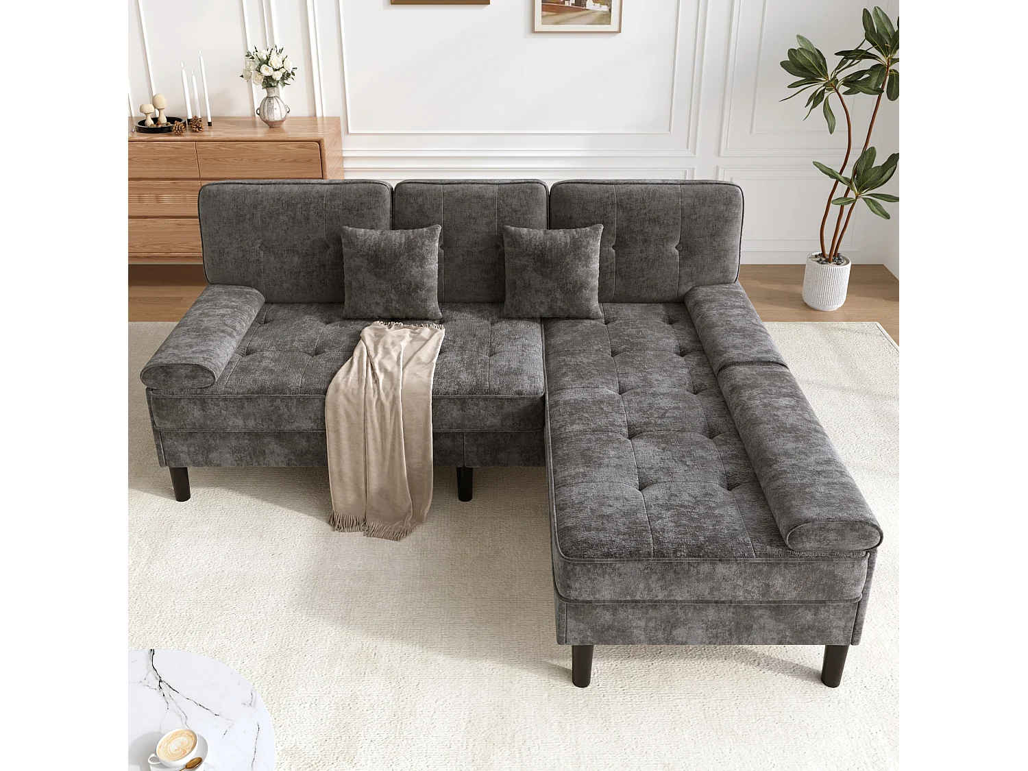 Canapé d'angle réversible 3 places avec pouf amovible et 2 coussins - Chenille - 195 x 149 x 86 cm - Gris