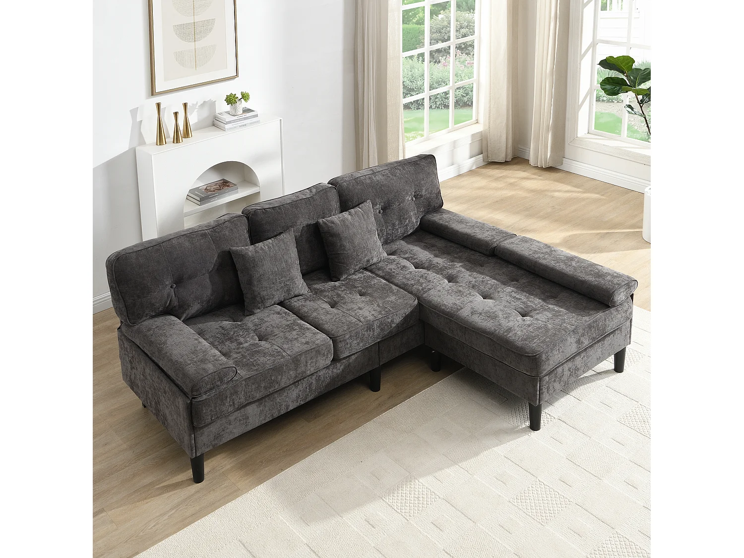 Canapé d'angle réversible 3 places avec pouf amovible et 2 coussins - Chenille - 195 x 149 x 86 cm - Gris