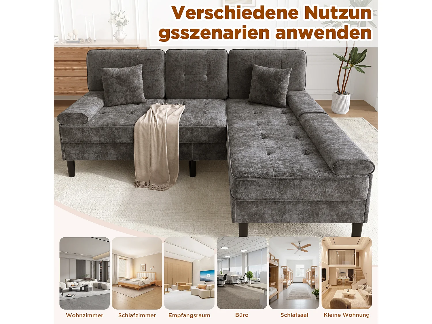 Canapé d'angle réversible 3 places avec pouf amovible et 2 coussins - Chenille - 195 x 149 x 86 cm - Gris