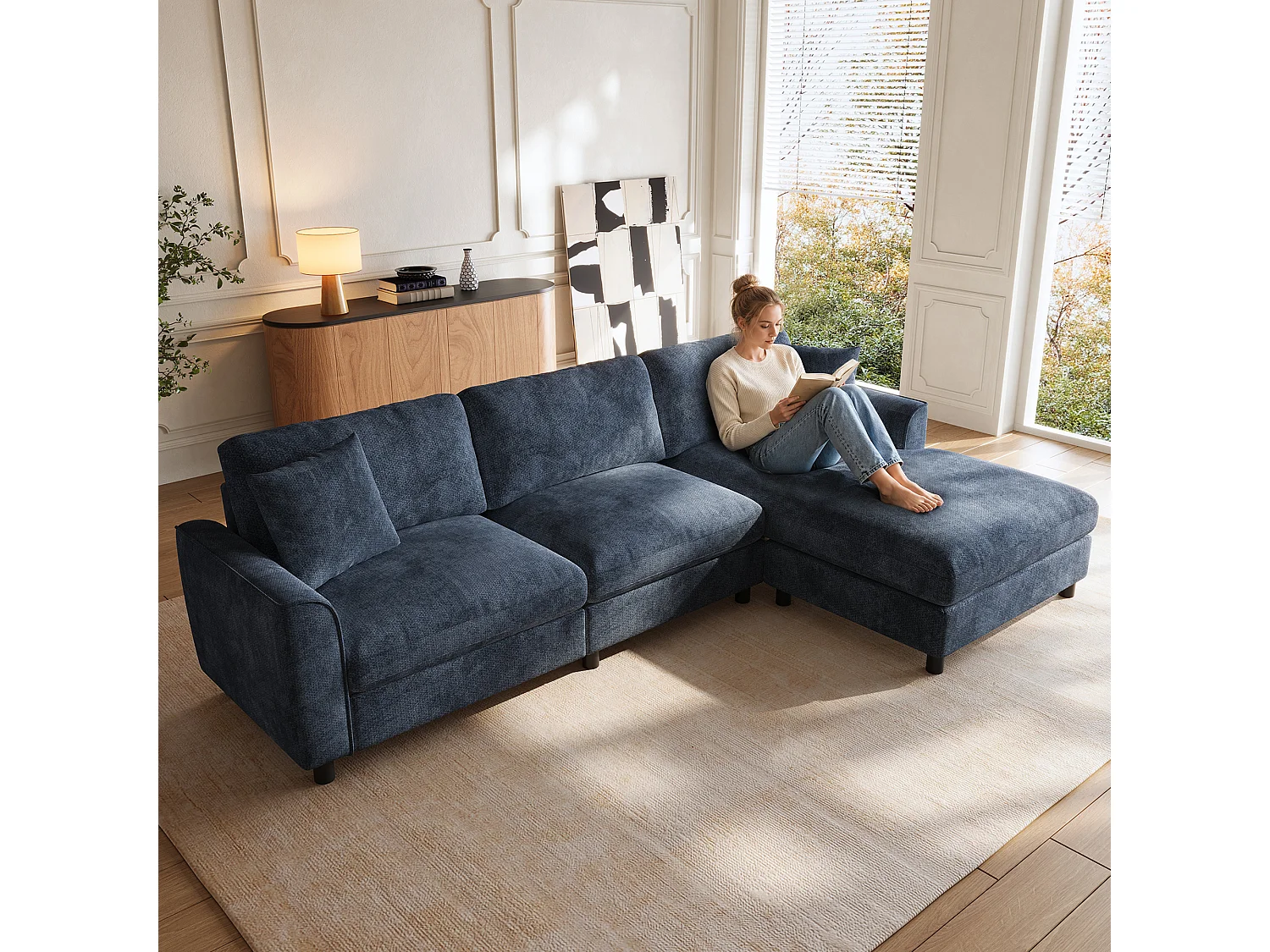 Canapé d'angle réversible avec méridienne et ressorts ensachés - Chenille - 256 x 137 x 79 cm - Bleu