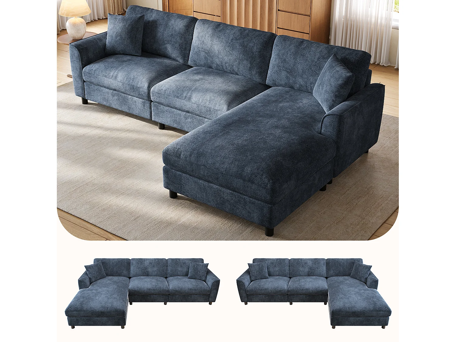 Canapé d'angle réversible avec méridienne et ressorts ensachés - Chenille - 256 x 137 x 79 cm - Bleu