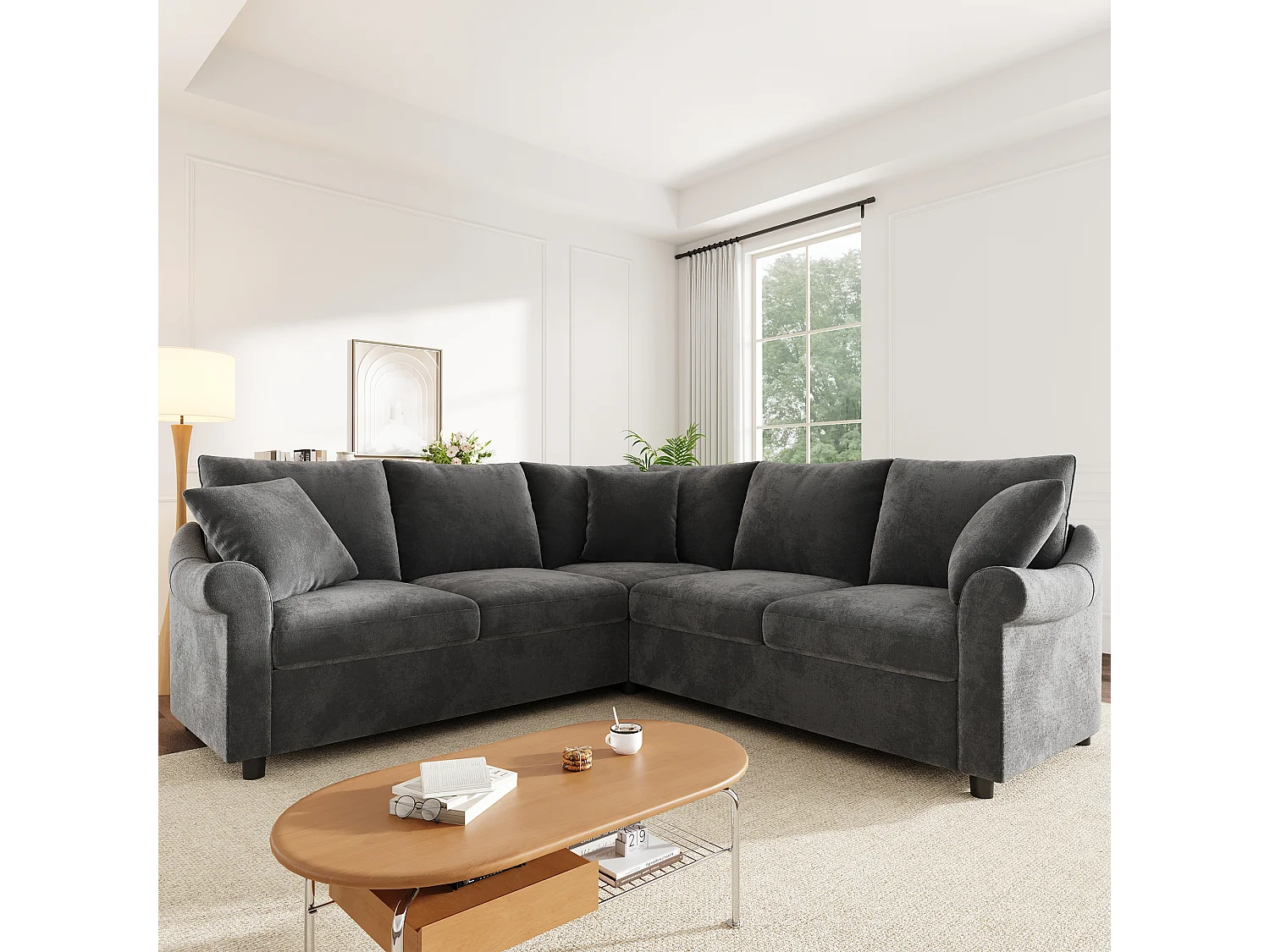 Canapé d'angle en L avec ressorts ensachés et accoudoirs arrondis - Chenille - 217 x 217 x 83 cm - Gris