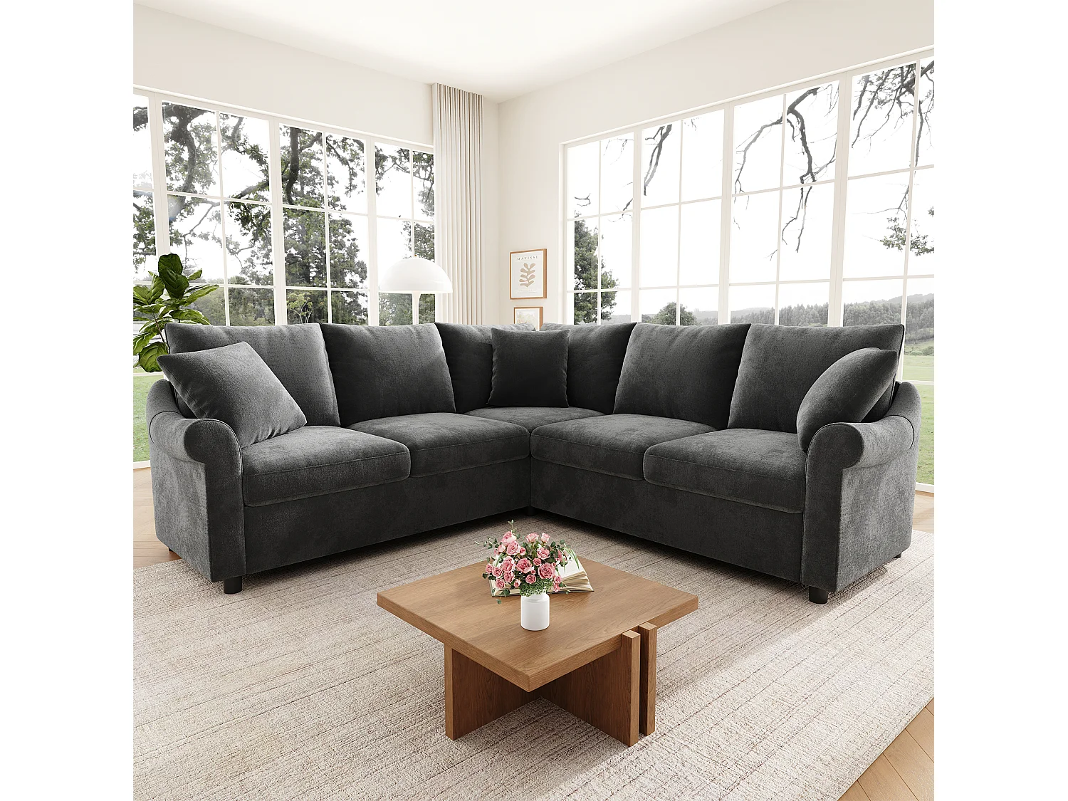 Canapé d'angle en L avec ressorts ensachés et accoudoirs arrondis - Chenille - 217 x 217 x 83 cm - Gris