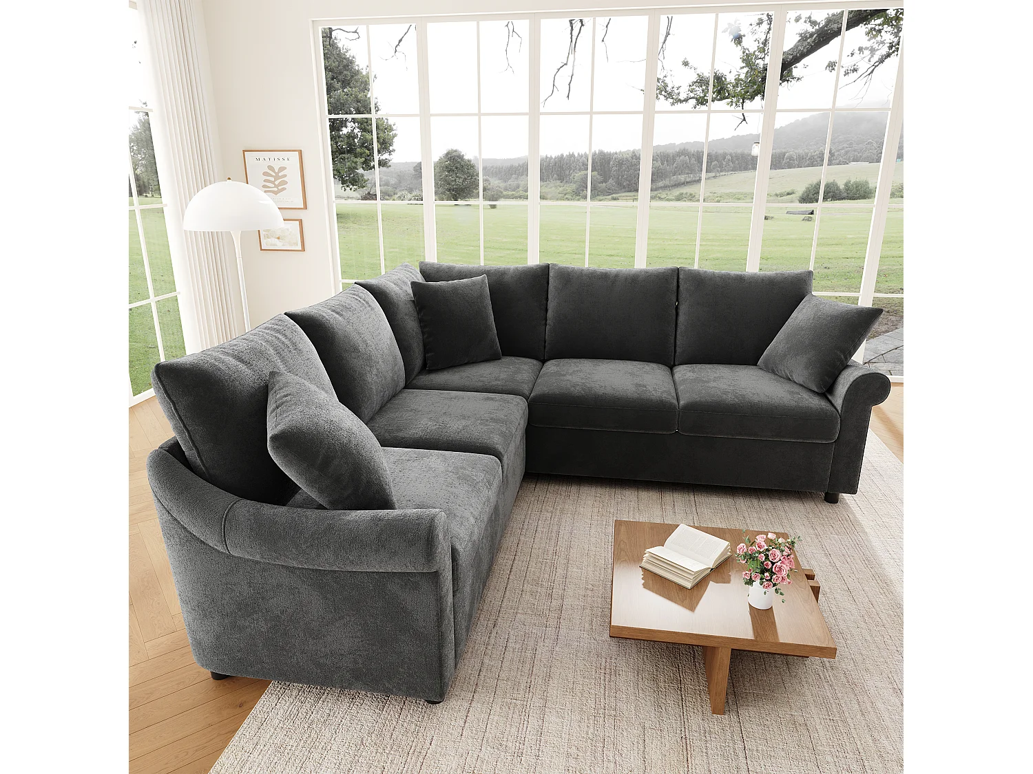 Canapé d'angle en L avec ressorts ensachés et accoudoirs arrondis - Chenille - 217 x 217 x 83 cm - Gris