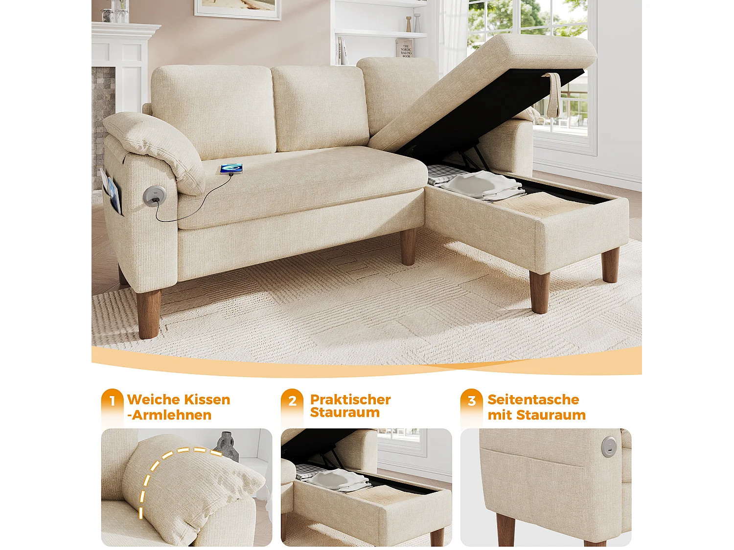 3-osobowa, odwracalna sofa narożna z miejscem do przechowywania i portem USB/Type-C - Chenille - 181 x 125 x 88 cm - Beżowa